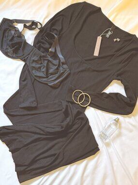 SKIMS Soft Lounge Long Sleeve Maxi Dress L | Black Ribbed | Bodycon | NWT